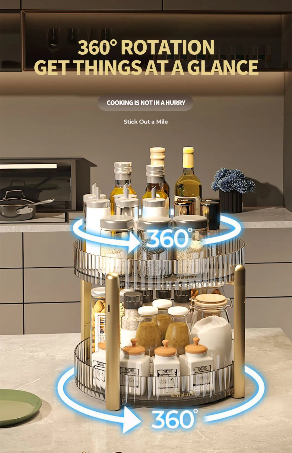Kitchen Spice Rack Double Layer 360° Rotating Seasoning Holder Large Capacity Shelf Snacks Cosmetics Office Bathroom Storage - AMULET RING STORE