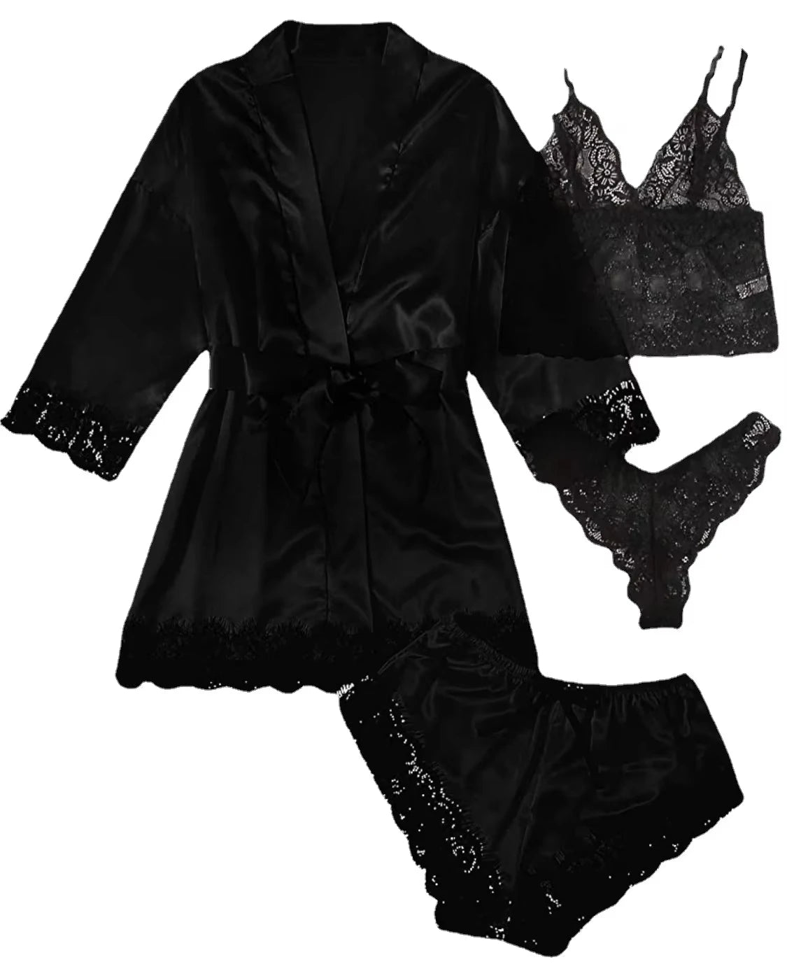 2025New Women's Pajama Fashion 4-piece Set Lace Satin Strap Sexy Pajama Set Dress Skin friendly Comfortable Casual Pajama Skirt - AMULET RING STORE