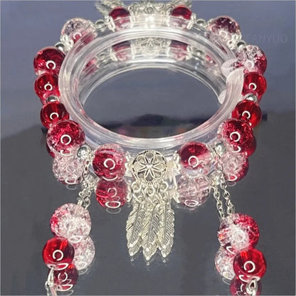 Creative Personalized Beaded Bracelet Red Crystal Feather Pendant Bracelet New Women Vintage Elastic Beaded Chain Accessories