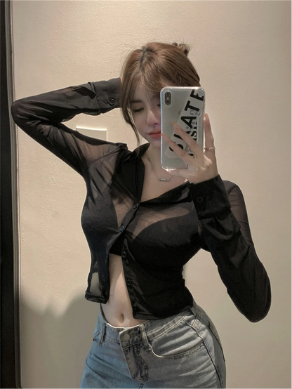 Bla Lace irt Sexy Thin Sun Protection Women's Summer New Pure Desire Versatile Slim ort Top Korean Sle Collar Lo... - AMULET RING STORE