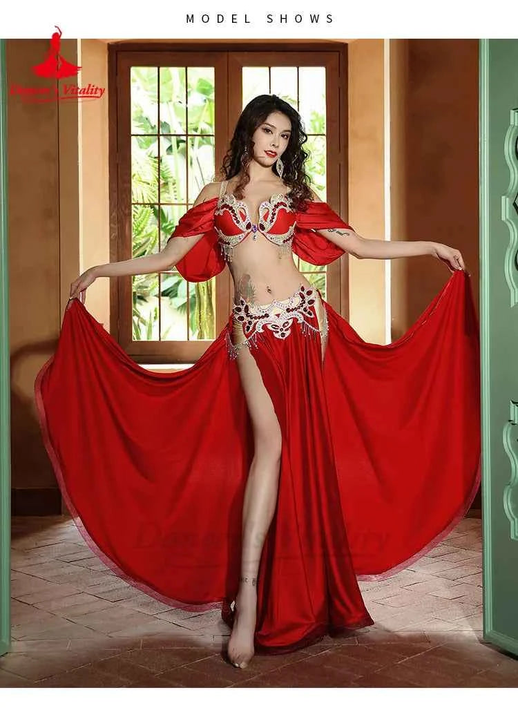 Belly Dance Performance Suit for Women Senior AB Stones Bra+satin Split Long Skirt 2pcs for Women Oriental Belly Dancing Outfit