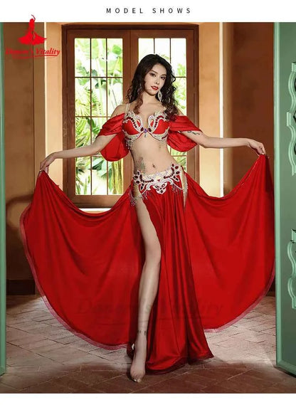 Belly Dance Performance Suit for Women Senior AB Stones Bra+satin Split Long Skirt 2pcs for Women Oriental Belly Dancing Outfit