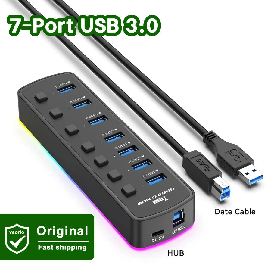 RGB USB 3.0 Hub 7 Ports Data Port Adapter 5Gbps Individual On/Off Switch Splitter Gaming USB Hub For Laptop PC Computer Accessor