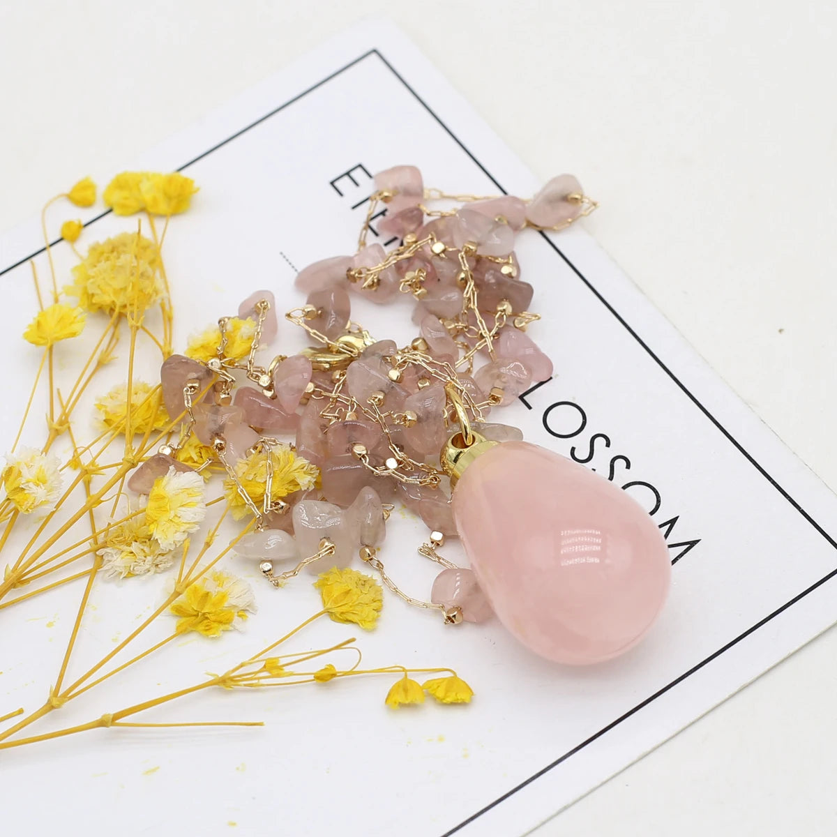 Natural Stone Rose Quartz Perfume Bottle Essential Oil Diffuser Reiki Healing Exquisite Necklace Jewelry Gift - AMULET RING STORE