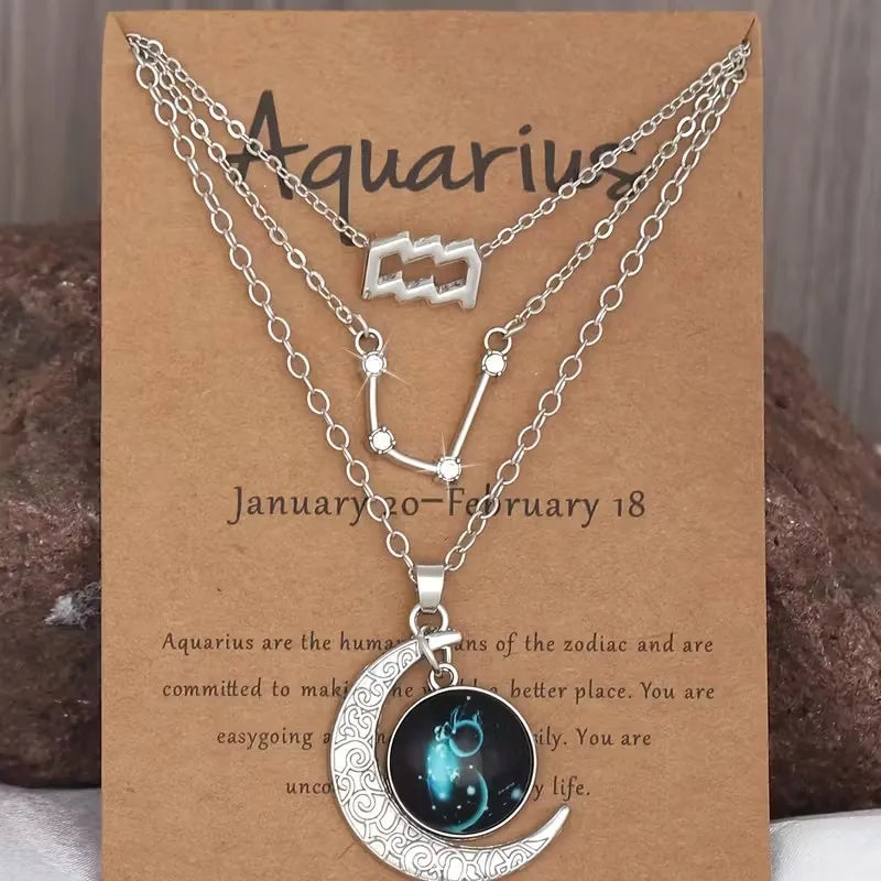 3 Pieces/Set Zodiac Retro Moon Glow Pendant Necklace Set with Birthstone Cards, Birthday Gift for Besties and BFFs