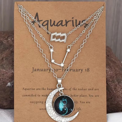 3 Pieces/Set Zodiac Retro Moon Glow Pendant Necklace Set with Birthstone Cards, Birthday Gift for Besties and BFFs