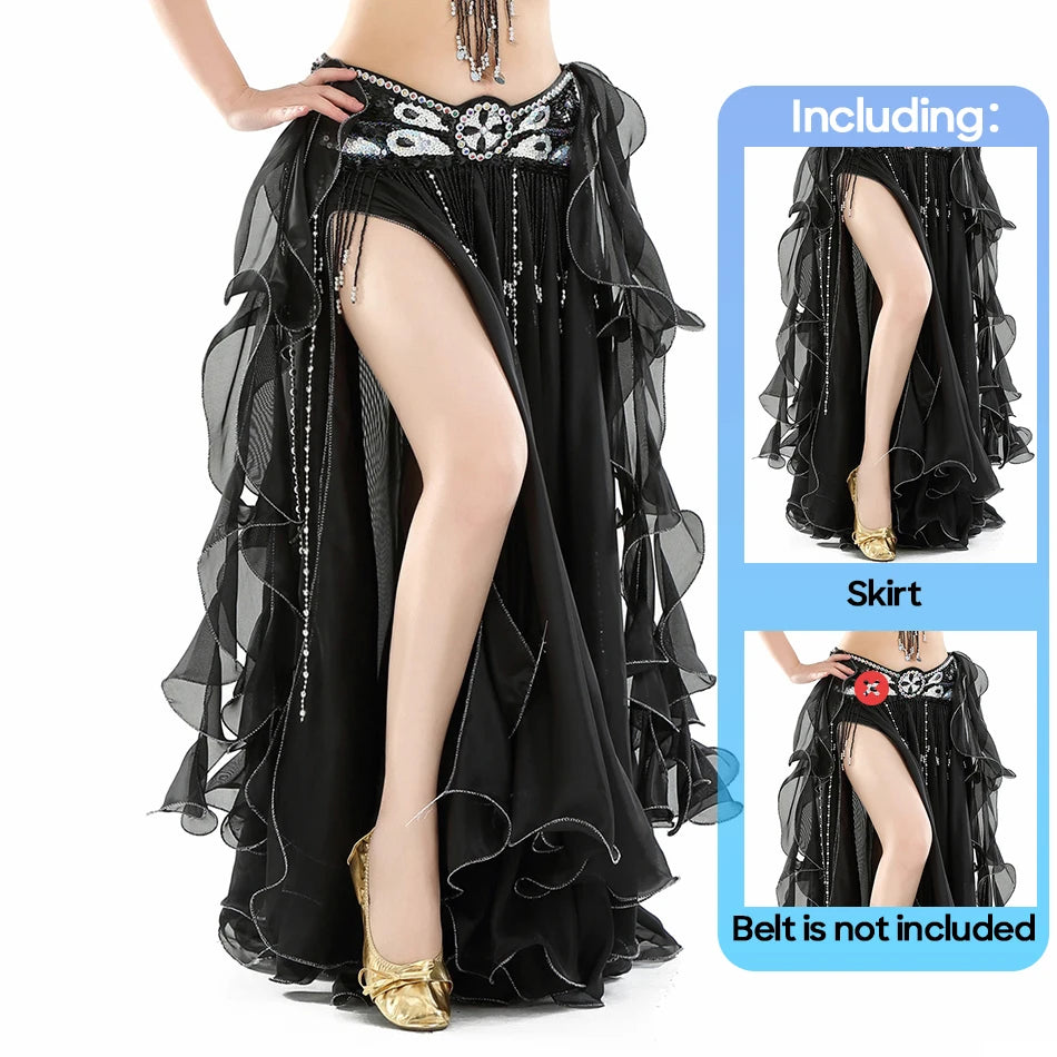 Belly Dance Skirt Chiffon Skirts Double Slit Ear Gauze Skirt High Slit Skirt For Adult Women Performance Practice Clothings - AMULET RING STORE