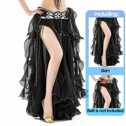 Belly Dance Skirt Chiffon Skirts Double Slit Ear Gauze Skirt High Slit Skirt For Adult Women Performance Practice Clothings - AMULET RING STORE