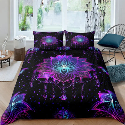 2/3pcs Bed Set Bohemian Lotus Duvet Cover Set Mandala Flower Quilt Cover Adult Black Polyester Bedding Set Queen King Twin Teens - AMULET RING STORE