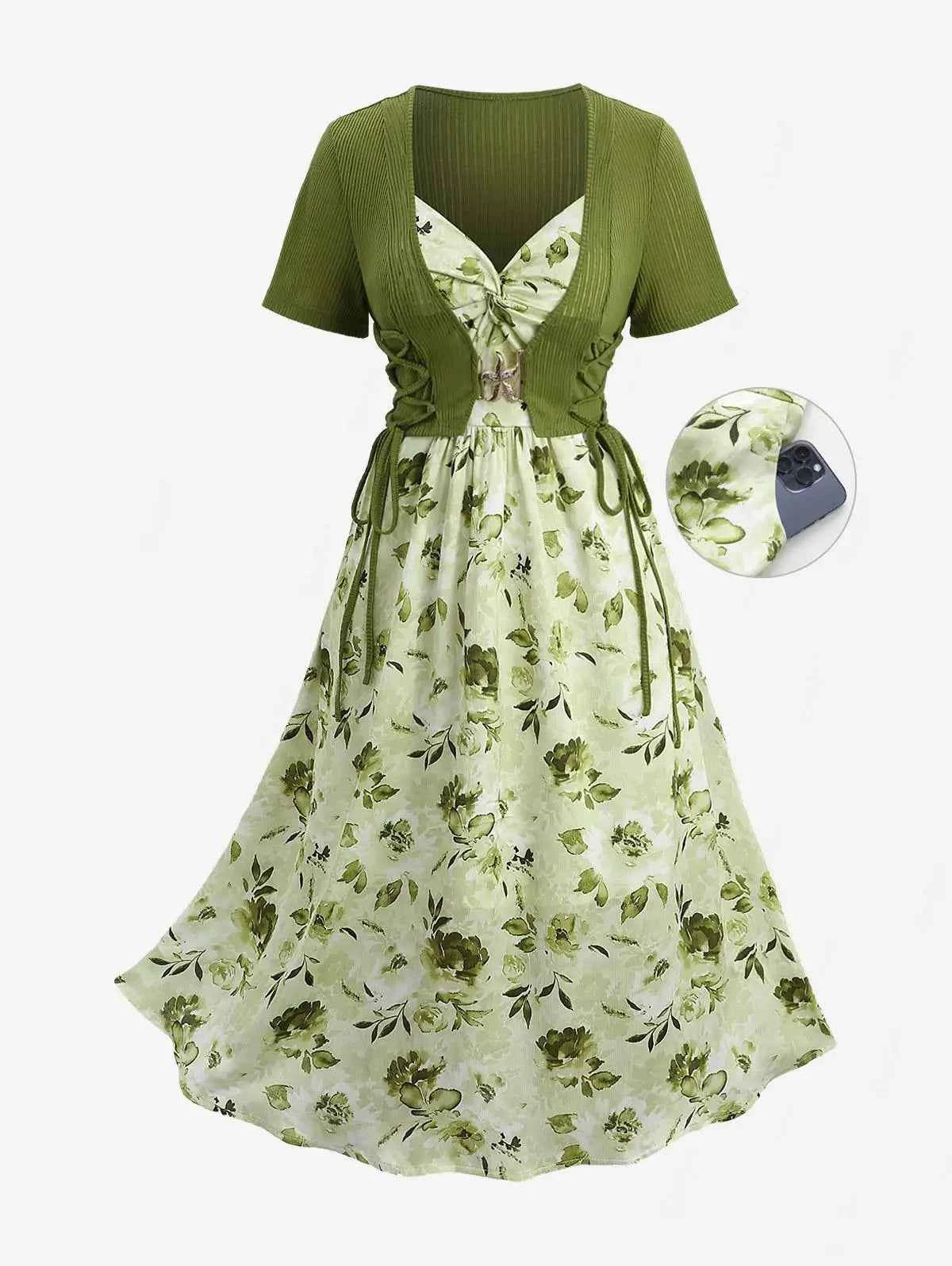 ROSEGAL Plus Size Women Floral Sundress Set Lace Up Ribbed Crop Top And Ruffles Floral Leaf Print Twist Cami Dres New Arrived