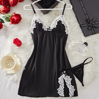 Deep V Women Nightdress Light Purple Sexy Adult Lace Bow Temptation Lingerie Gentle Erotic Clothing Dress Babydoll Underwear Set