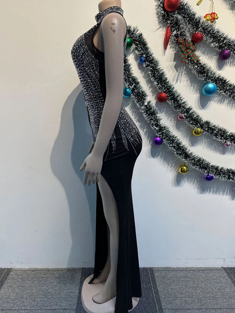 Beyprern Women's Black Mesh Bust Rhinestones Décor High Slit Maxi Dress Glam Mock Neck Crystal Party Dresses Celebrities Outfits - AMULET RING STORE