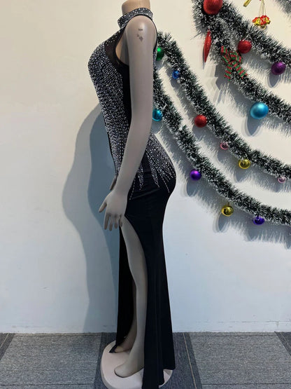 Beyprern Women's Black Mesh Bust Rhinestones Décor High Slit Maxi Dress Glam Mock Neck Crystal Party Dresses Celebrities Outfits - AMULET RING STORE