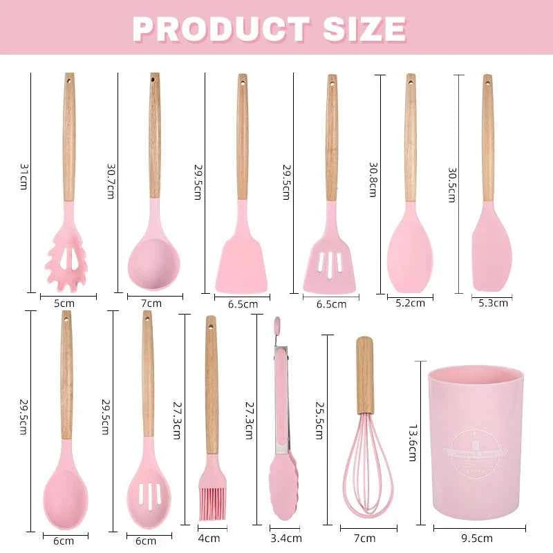 Silicone Cookware Set 12pcs Kitchen Utensil Wooden Handle Non-stick Spatula Shovel Spoon Kitchen Cooking Specialty Tools