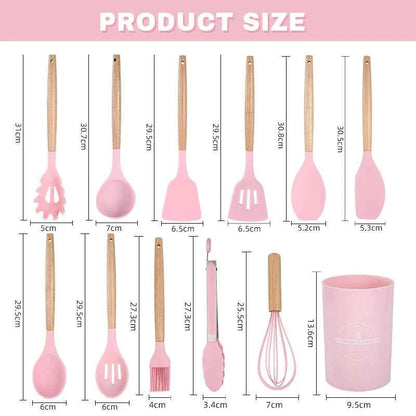 Silicone Cookware Set 12pcs Kitchen Utensil Wooden Handle Non-stick Spatula Shovel Spoon Kitchen Cooking Specialty Tools