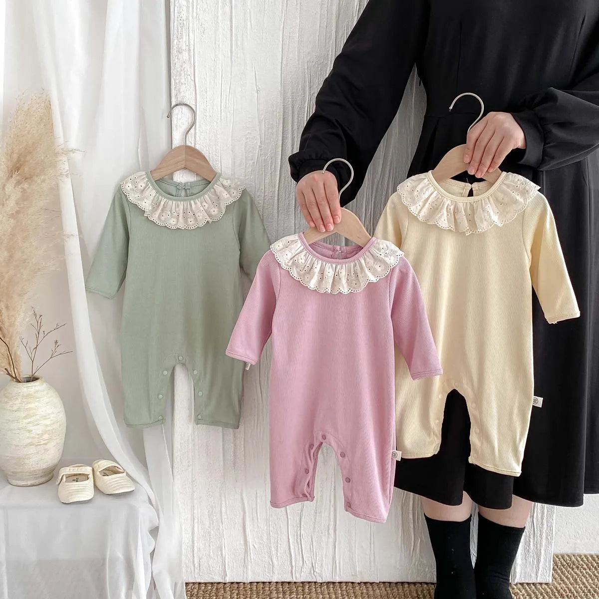Spring and Autumn Baby Girl Solid Color Cute Doll Collar Long Sleeve Jumpsuit Baby Girl Autumn Jumpsuit - AMULET RING STORE