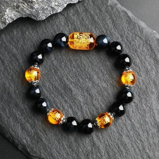 Natural Tiger's Eye Stone Three-sided God of Wealth Bracelet Auspicious Lucky Lucky Safe Men's and Women's Hand String Couple's