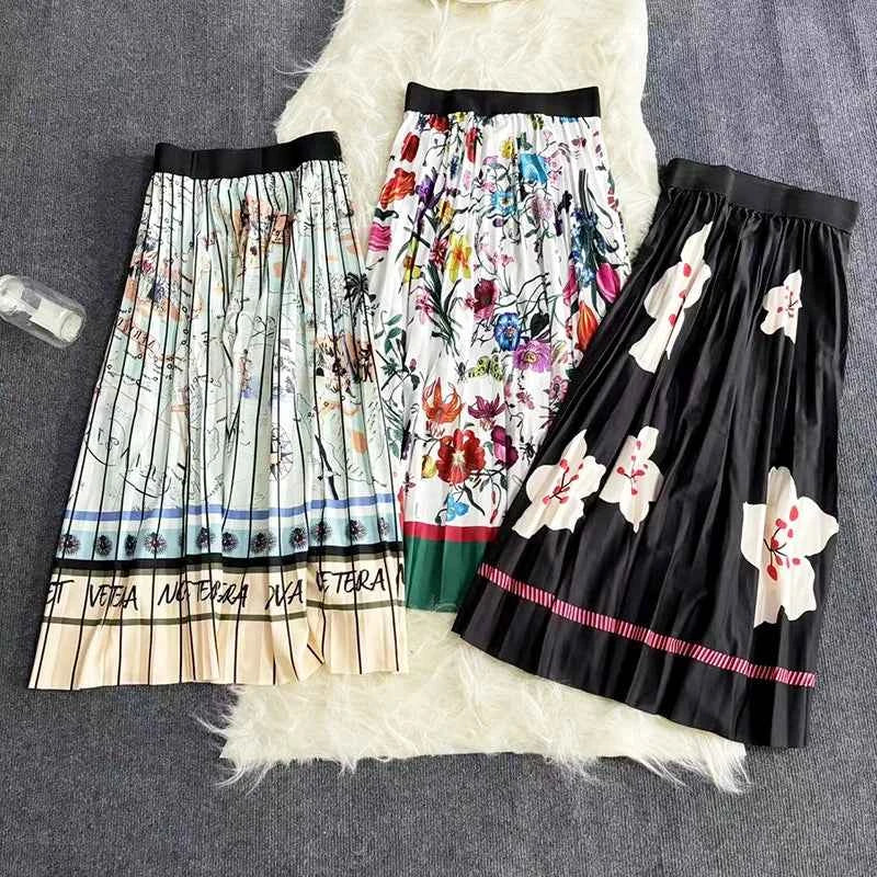 Autumn Skirts Womens New Vintage Floral Print Pleated Skirt Elastic High Waist Casual Midi Skirt Women Clothes Jupe