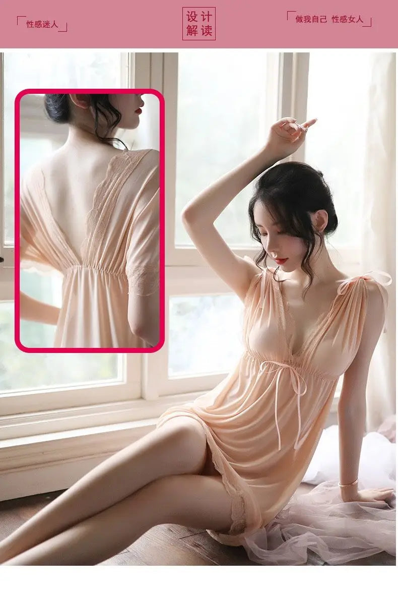 Sexy Sleepwear Women V-neck Nightgown Sexy Nightdress Lace Mesh Pajama Loungewear Summer Dress Nightwear Night Wear