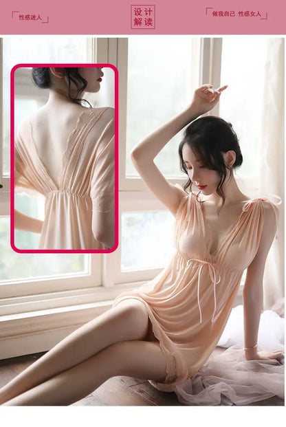 Sexy Sleepwear Women V-neck Nightgown Sexy Nightdress Lace Mesh Pajama Loungewear Summer Dress Nightwear Night Wear
