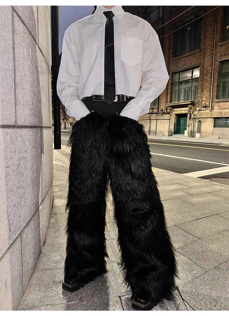 Mauroicardi Autumn Winter Long Black Thick Warm Hairy Shaggy Faux Fur Wide Leg Pants for Mens Luxury Designer Clothes Streetwear