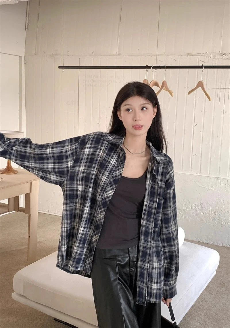 Zoki American Y2K Plaid Shirt Women Loose Streetwear Long Sleeve Vintage Blouse Casual Oversize All Match Female Spring Tops New - AMULET RING STORE