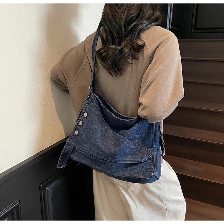 2025 New Women's Denim Tote Bag - Retro Crossbody Shoulder Bag with Large Capacity for Work & Commute, Fashionable Denim Handbag
