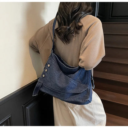 2025 New Women's Denim Tote Bag - Retro Crossbody Shoulder Bag with Large Capacity for Work & Commute, Fashionable Denim Handbag