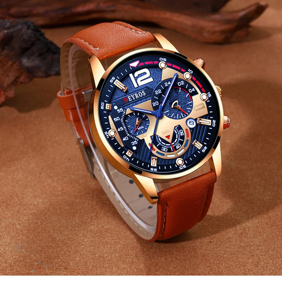 2PCS Set Fashion Mens Calendar Watches Luxury Male Business Casual Brown Leather Quartz Watch Men Bracelet Wrist Watch - AMULET RING STORE