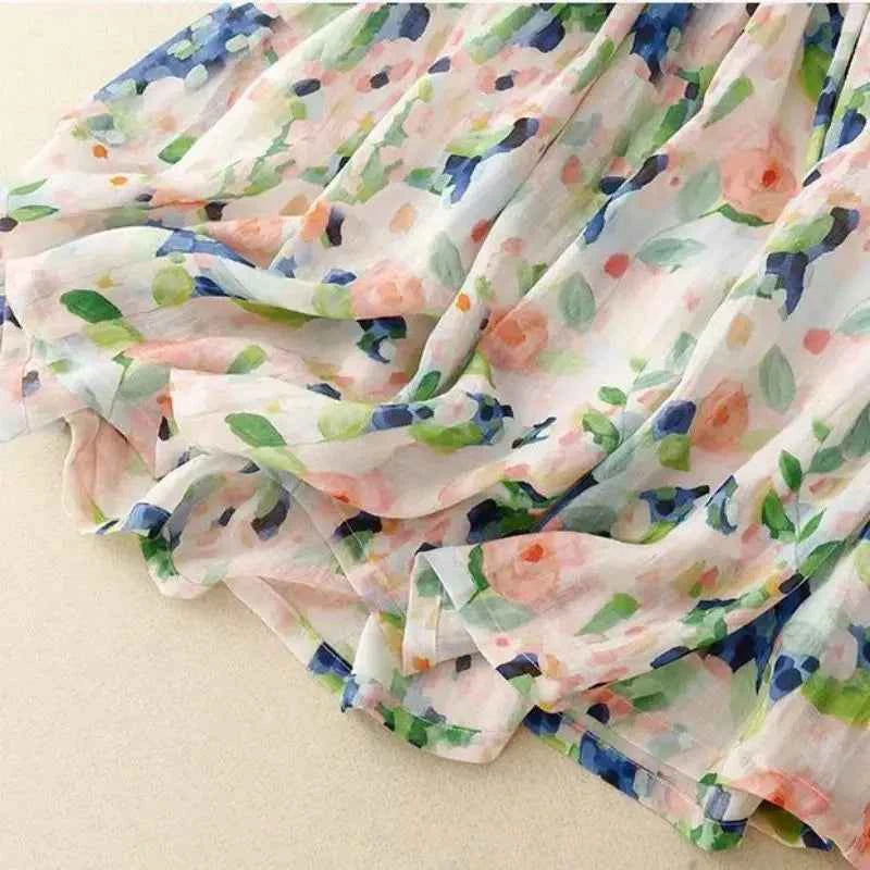 French Floral Oil Painting Elegant Chic Elastic High Waist A-line Women's Skirt Mid-Calf Long Skirts For Women Clothing Fashion