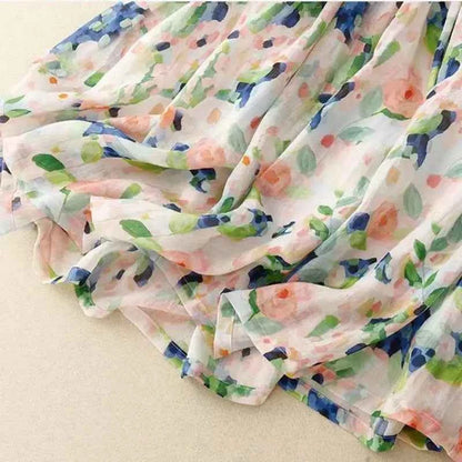 French Floral Oil Painting Elegant Chic Elastic High Waist A-line Women's Skirt Mid-Calf Long Skirts For Women Clothing Fashion