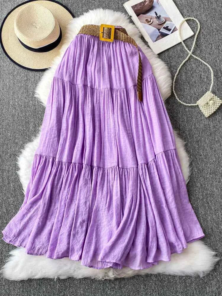 White High Waist A-Line Midi Skirt Women's Summer Casual Flared Cake Skirt Korean Sle Baking Poer Skirt for Young Women