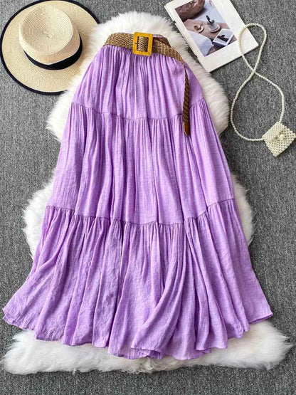 White High Waist A-Line Midi Skirt Women's Summer Casual Flared Cake Skirt Korean Sle Baking Poer Skirt for Young Women