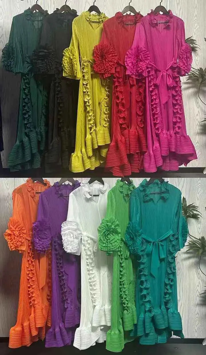 Miyaki Dress, Plus-Size, Ruched, with Fishbone Detailing, Ruffled Belt, Slim-Fit Midi Dress, Elegant and Casual A-Line Pleated Dress with High Elasticity