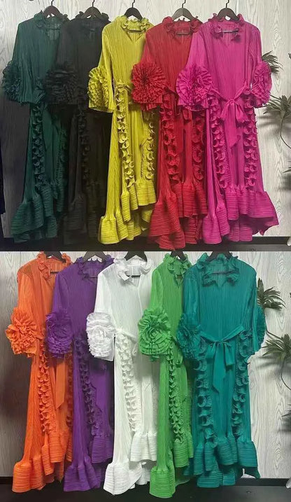 Miyaki Dress, Plus-Size, Ruched, with Fishbone Detailing, Ruffled Belt, Slim-Fit Midi Dress, Elegant and Casual A-Line Pleated Dress with High Elasticity