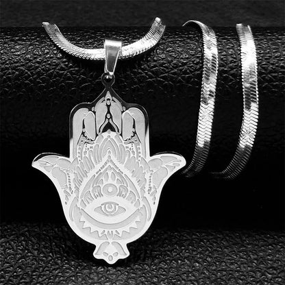 Hamsa Fatima's Hand Turkish Eye Lotus Stainless Steel Necklace