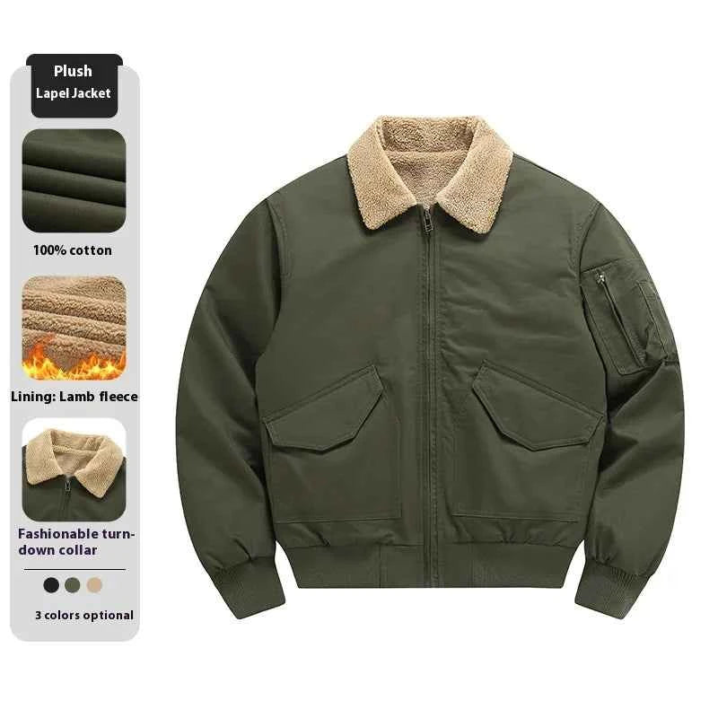 Men's Winter Fleece Jacket - Zipper Coat, Stylish and Elegant Lapel Design, Lamb Wool Lining - Cold Weather Coat, Suitable for Daily and Formal Events - Military Style Casual Jacket, Layered Wear, Military Style Design, Durab