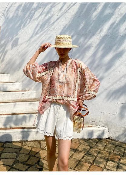 Boho Flrench Chic Floral Blouse Shirt Printed Summer Loose Lace Hollow Out Sexy Ladies Vocation Women Long Sleeve Top Shirts New