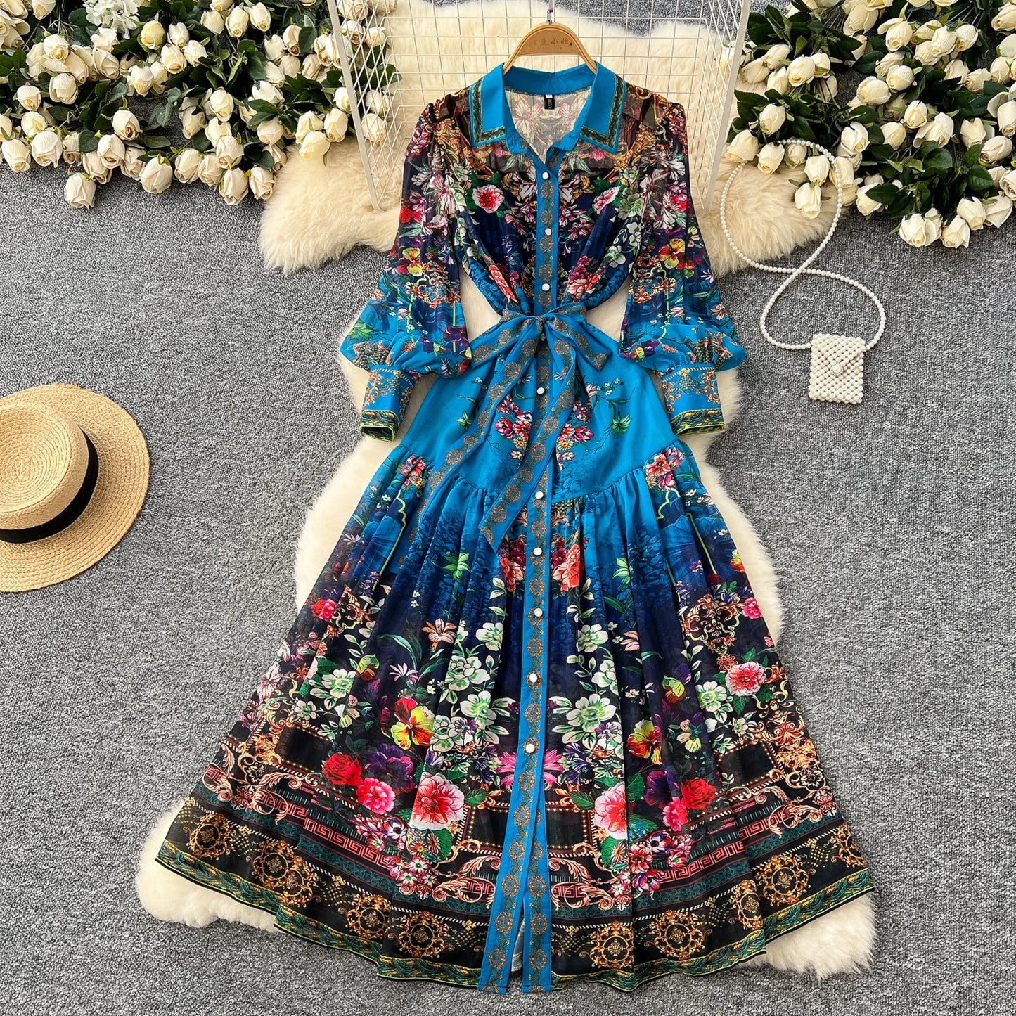 SINGREINY Vintage Print Chiffon Dresses Women Lantern Sleeve O Neck Design Fashion High Quality Court Floral Pleated Long Dress