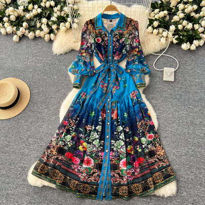 SINGREINY Vintage Print Chiffon Dresses Women Lantern Sleeve O Neck Design Fashion High Quality Court Floral Pleated Long Dress