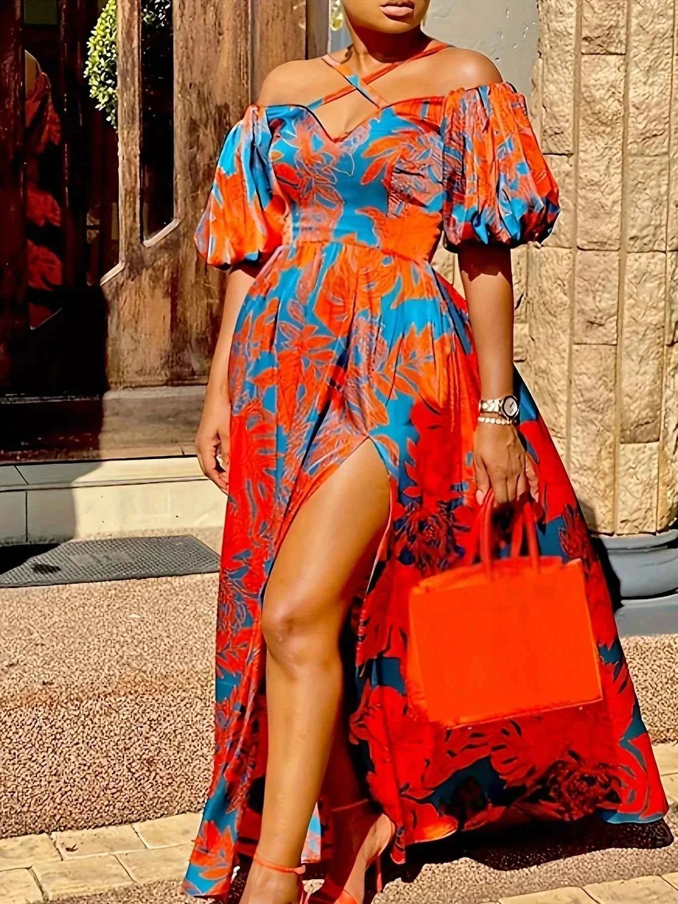 Women's Floral Maxi Dress with Halter Neck and Slit Short Sleeves