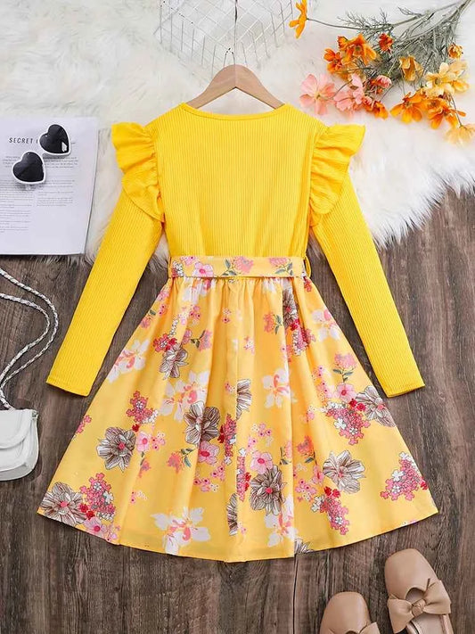 Spring And Autumn Winter Girls Children Girls, Casual Cute Sweet Petal Sleeves Adjustable Belt Digital Printed Dress