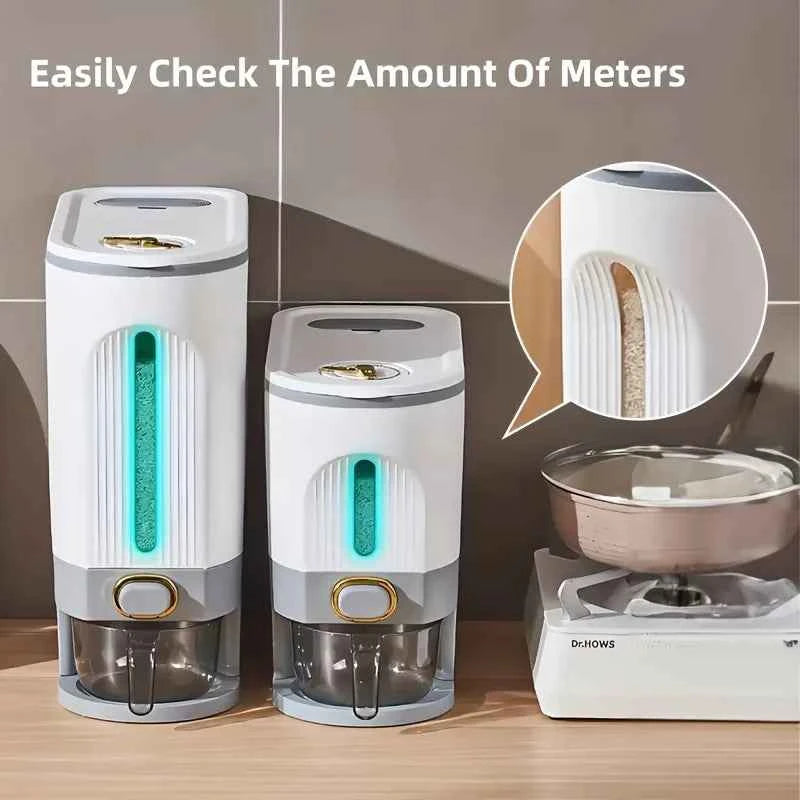 Large-capacity rice storage tank – sealed and moisture-proof, equipped with a measuring cup and cleaning brush.