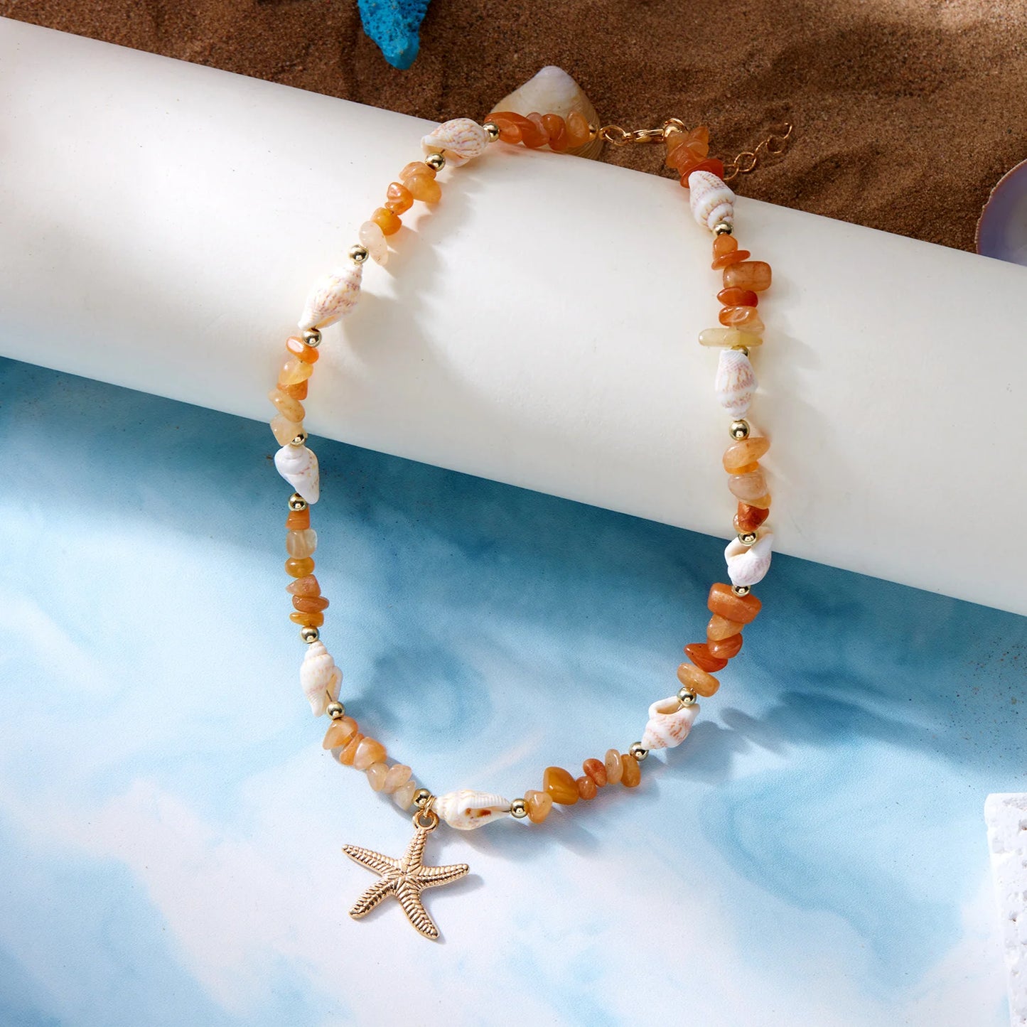 Bohemian Starfish Pendant Bracelet for Women Handmade Crushed Stone Beaded Bracelet Summer Beach Jewelry Travel Accessory Gift