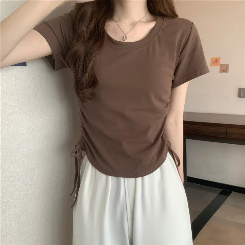 Drawstring Short Sleeve T-shirt Women Spring Summer Spicy Style Slim Fit Short Unique Top M L Xl 2XL Korean Casual Style - AMULET RING STORE