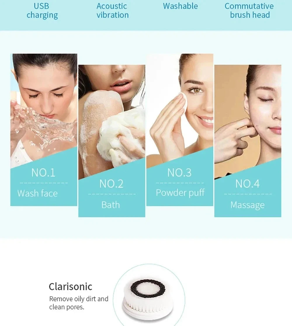 4 in 1 Electric Face Cleansing Brush Waterproof Ultrasonic Facial Massager Pore Washing Cleaner Auto Rotating Blackhead Remover
