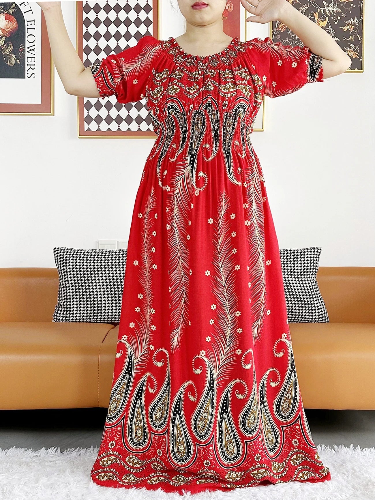 New Summer Women Abaya Short Sleeve Dashiki Floral Collect Waist Loose Maxi Robe Floral Femme Musulmane African Printing Abaya