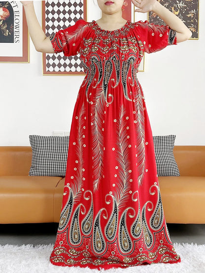 New Summer Women Abaya Short Sleeve Dashiki Floral Collect Waist Loose Maxi Robe Floral Femme Musulmane African Printing Abaya