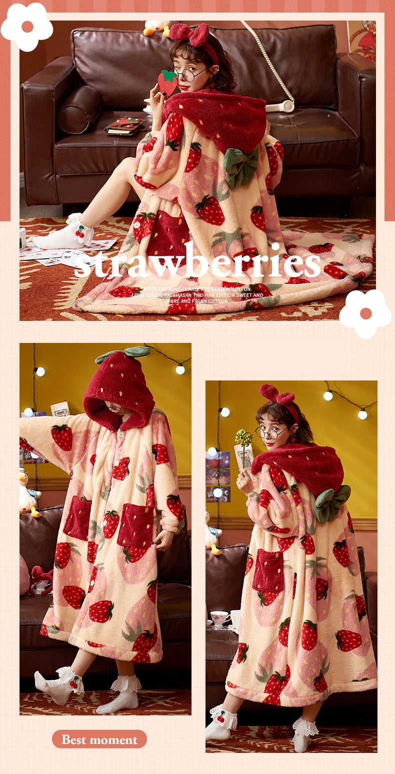 2024 Winter Pajamas For Women Cartoon Hooded Long Robe Strawberry Jacket Cute Home Wear Sleepwear Kawaii Flannel Warm Bathrobe - AMULET RING STORE