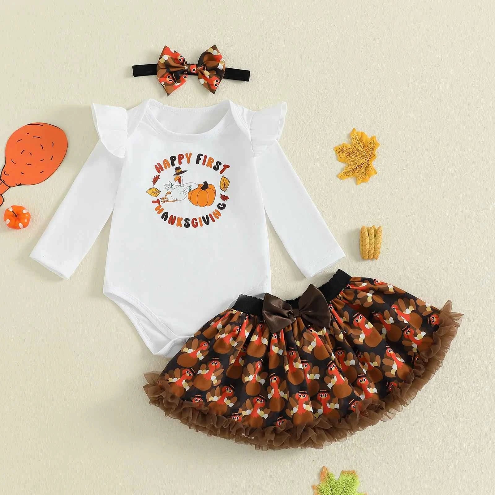 Adorable Baby Girls 3-Piece Thanksgiving Ensemble with Long Sleeve Romper Mini Skirt and Headband - Fall Fashion Set